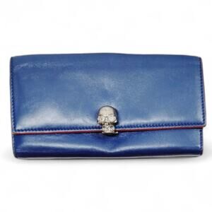 Alexander McQueen Continental Wallet EUC Blue Leather Crystal Skull Clasp Clutch